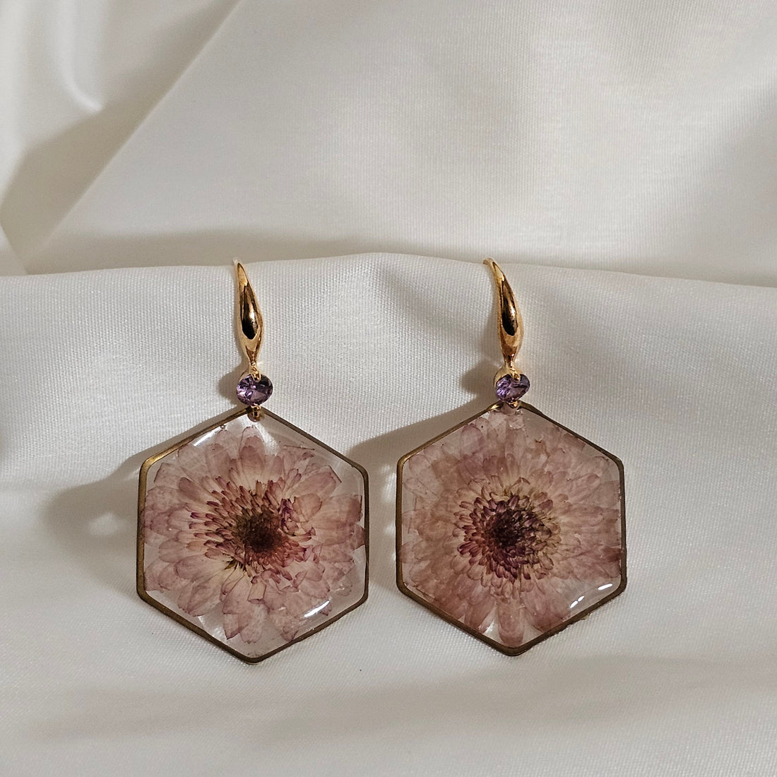 "Dusky Amethyst Zircon Earrings - Resin Bouquet"