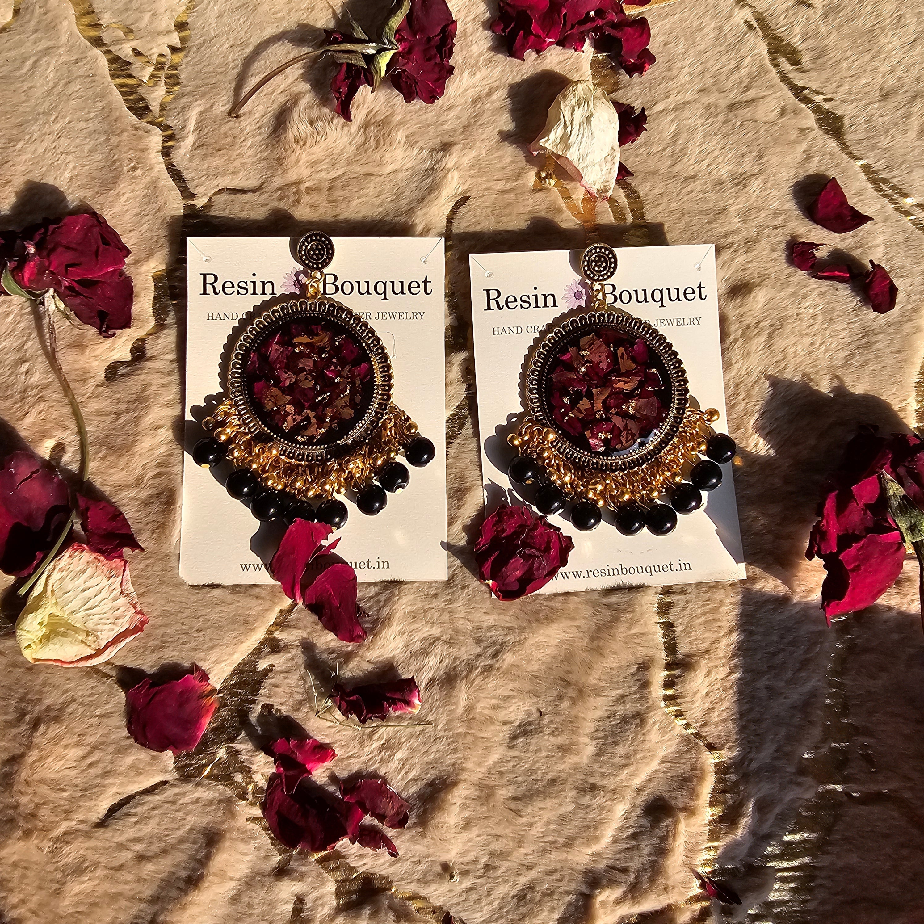 "Rustic Vintage Real Rose Jhumka - Resin Bouquet"