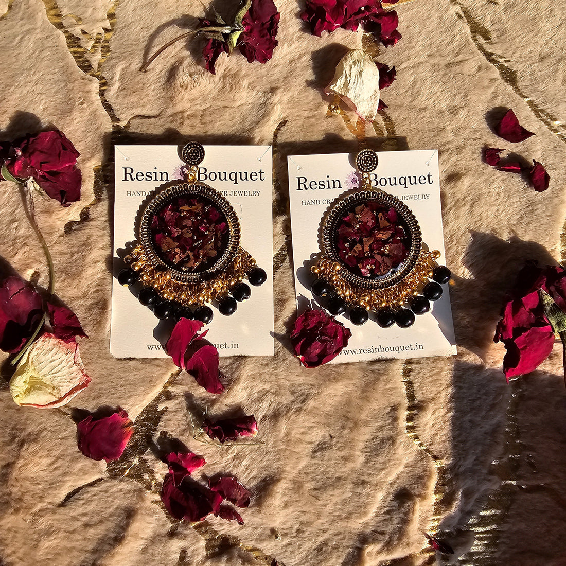 "Rustic Vintage Real Rose Jhumka - Resin Bouquet"
