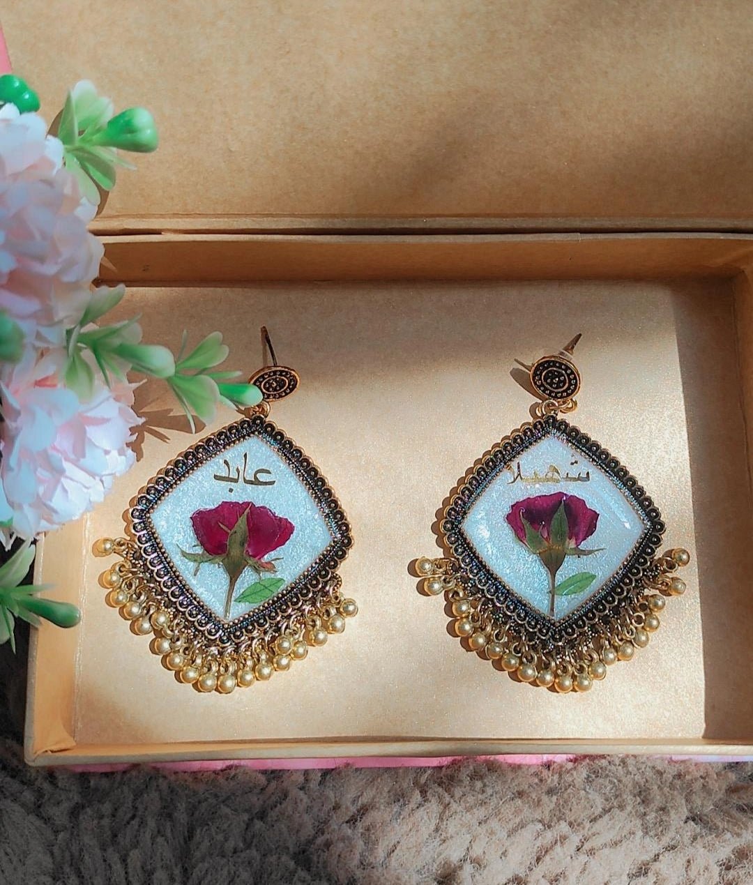 "Eternal Bloom Personalized Rose Jhumka - Resin Bouquet"