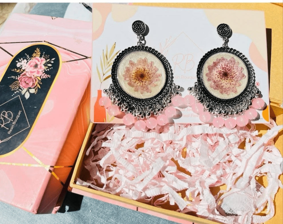 "Royal Bloom Resin Jhumkas - Resin Bouquet"