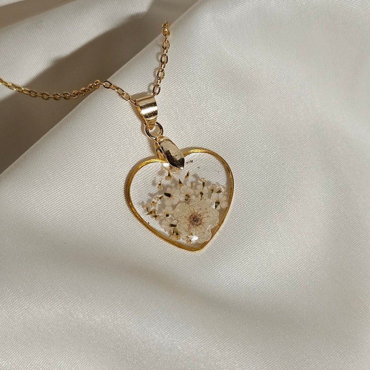 "Eternal Bloom Pendant – Anne’s Lace & White Plum Flowers - Resin Bouquet"