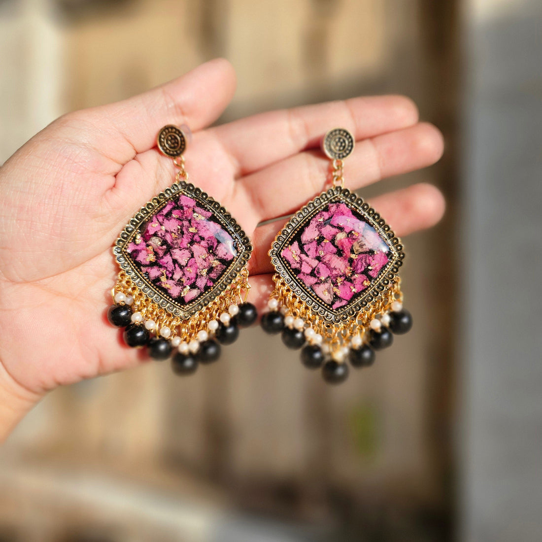 "Midnight Bloom Jhumka - Resin Bouquet"