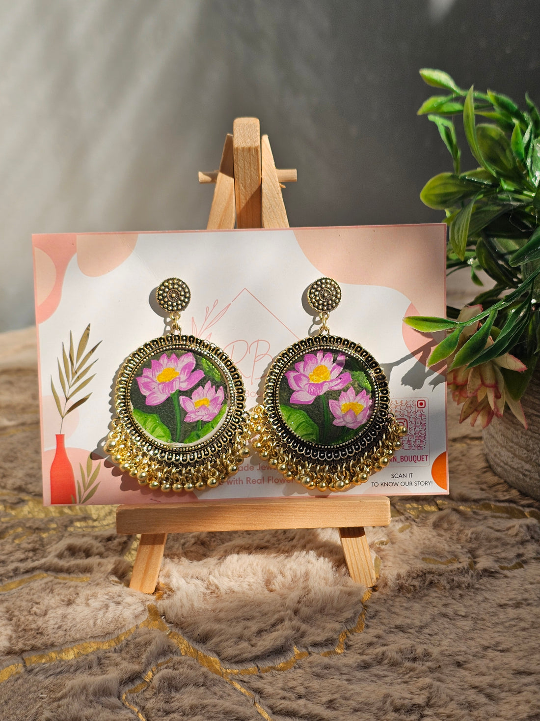 Handpainted Dark Pink Lotus Statement Earrings