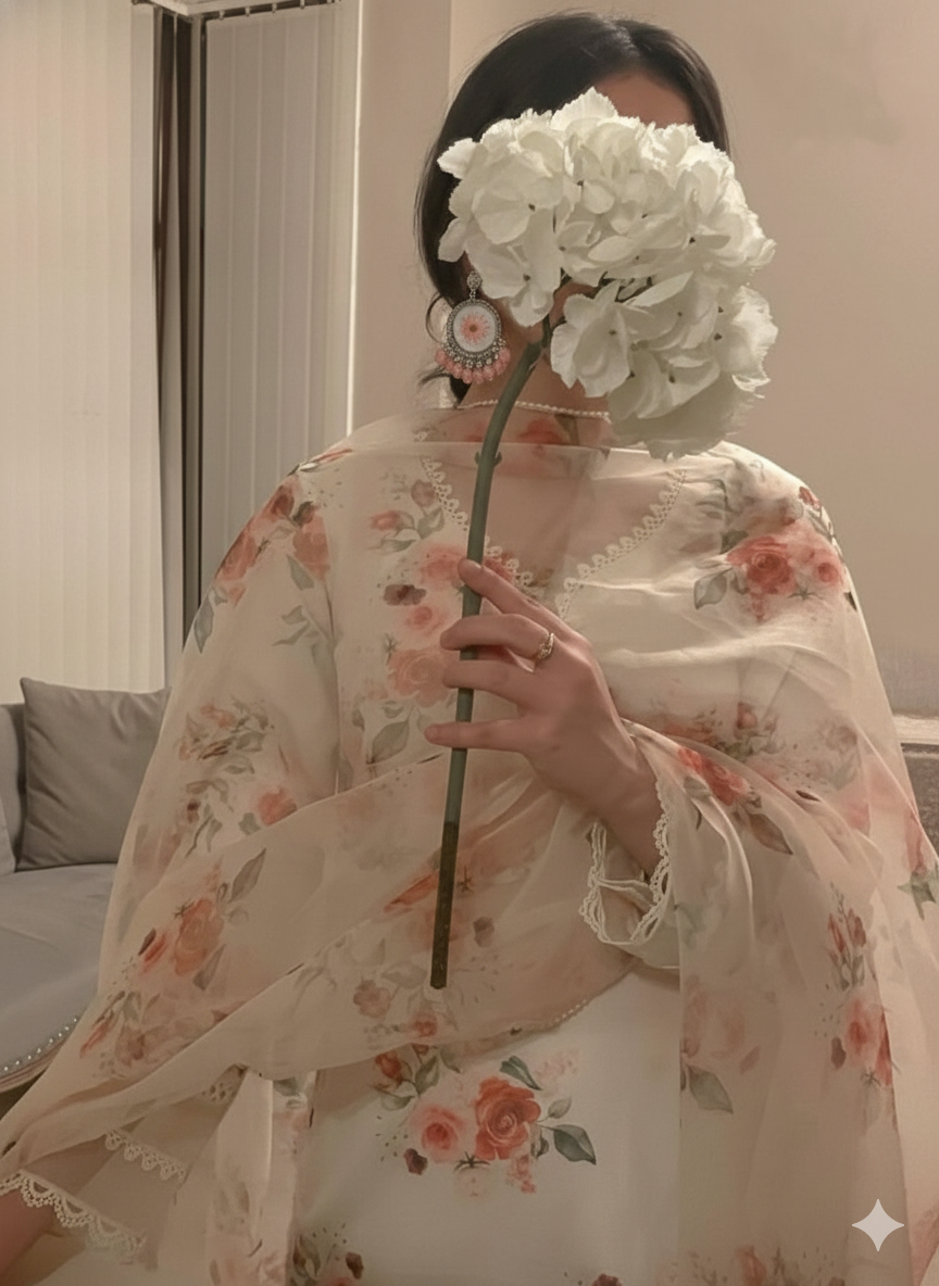 Peach Pearl Blossom Silver Jhumkas