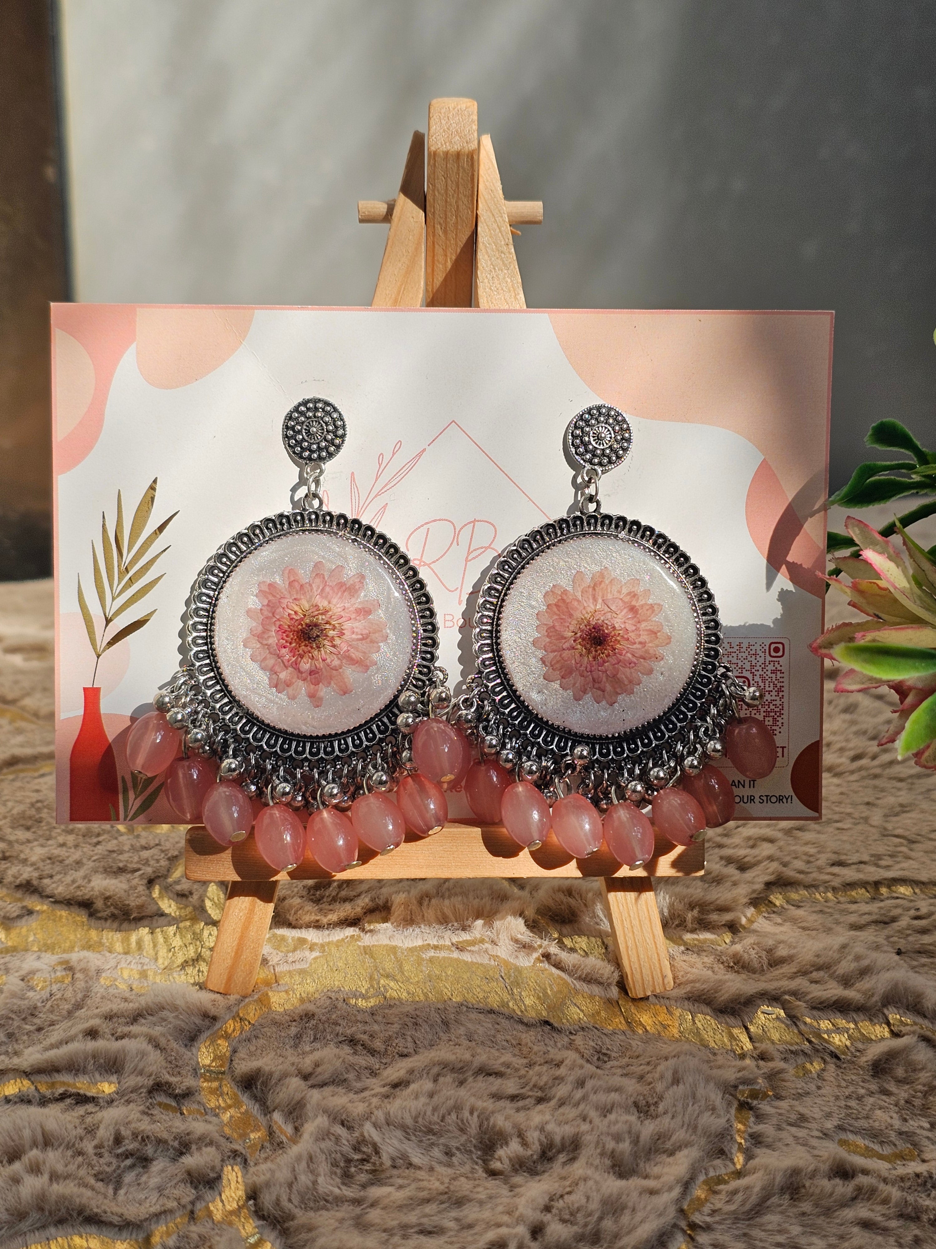 Peach Pearl Blossom Silver Jhumkas